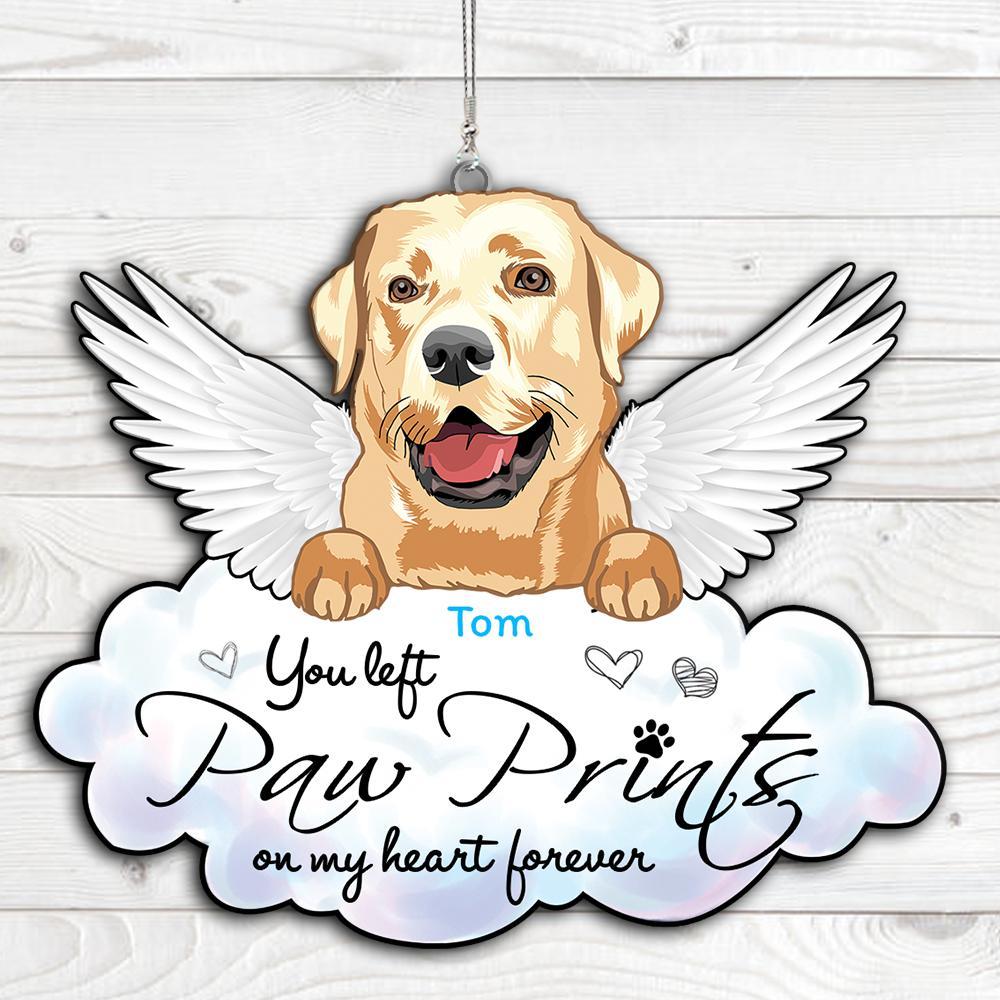 CUSTOMIZED YOU LEFT PAW PRINTS ON MY HEART FOREVER ANGEL DOG DOG MEMORIAL CAR ORNAMENT 2 SIDES