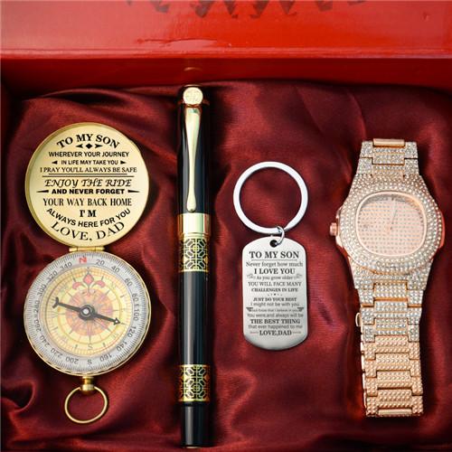 Dad To Son - Enjoy The Ride - Compass Keychain Watch Pen Gift Set